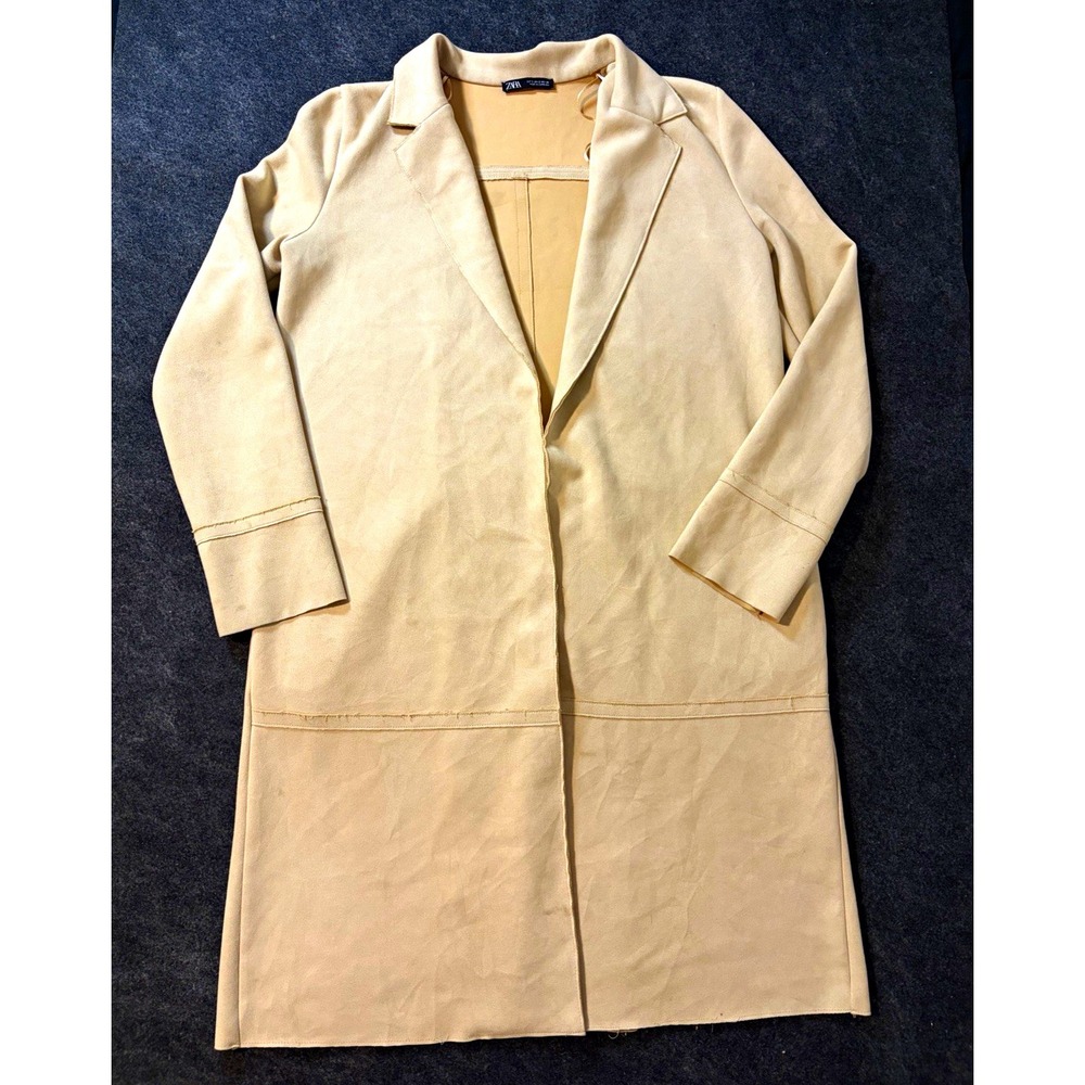 ZARA Womens Beige Open Front Collared Lightweight Mid-Length Coat Size S